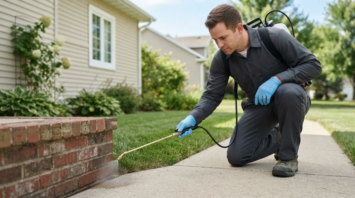 Pest control technician treating a home near Englewood, KS