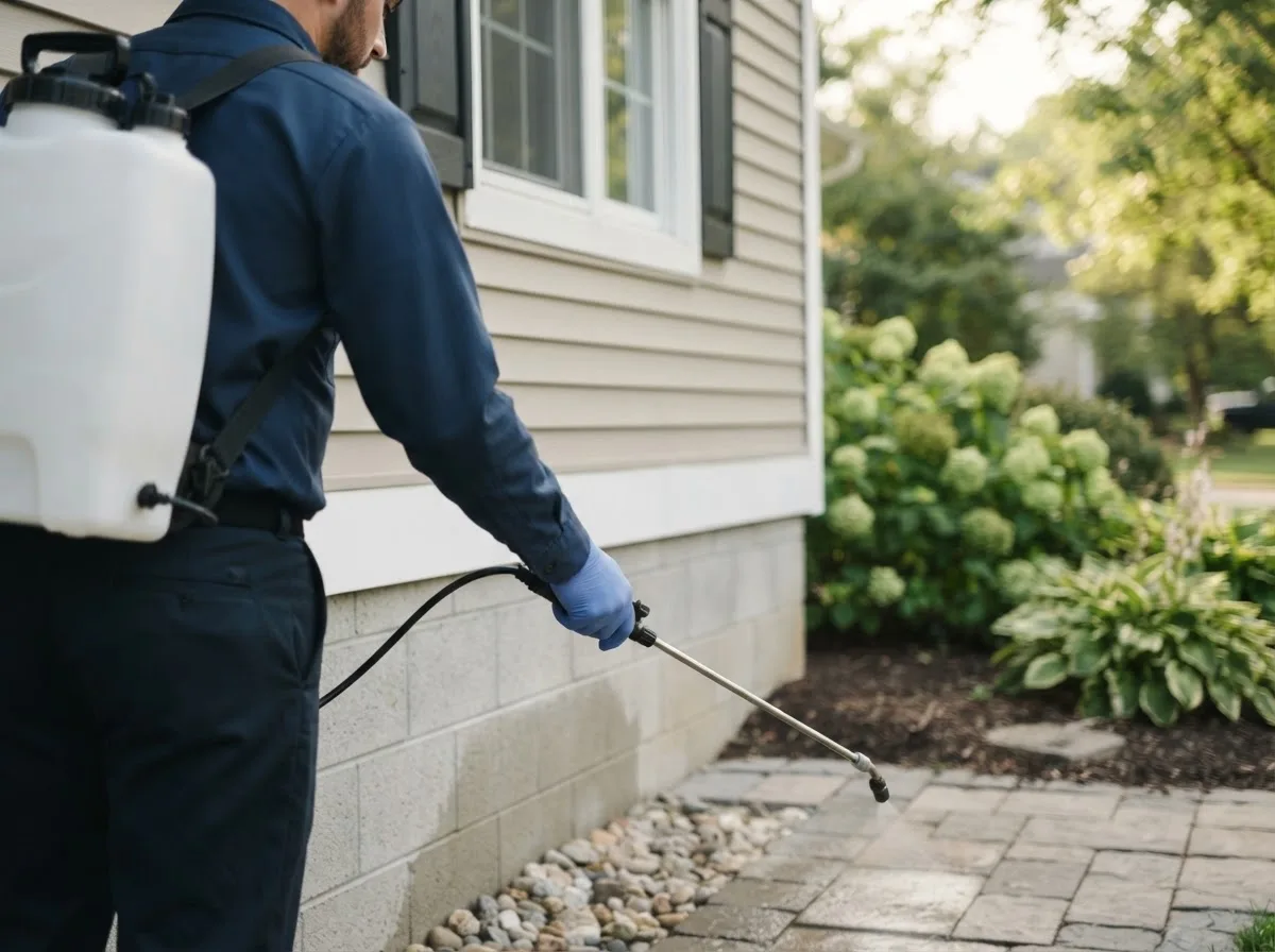 Pest control technician inspecting a home in Englewood, KS